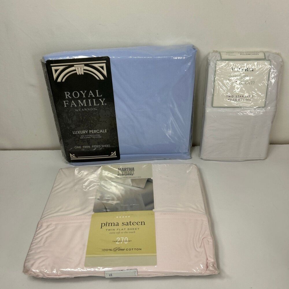 Martha Stewart Twin Flat Fitted Sheet Pillowcase lot Pink Blue White NOS